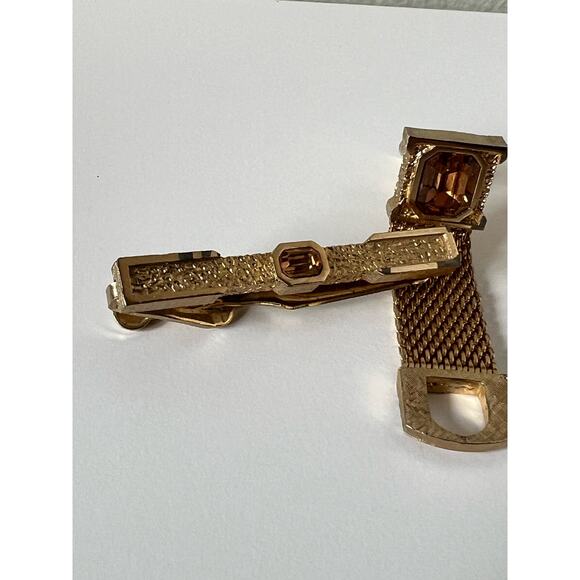 SWANK Gold Tone Citrine Champagne Color Cufflinks Tie Clip Set - Picture 2 of 9